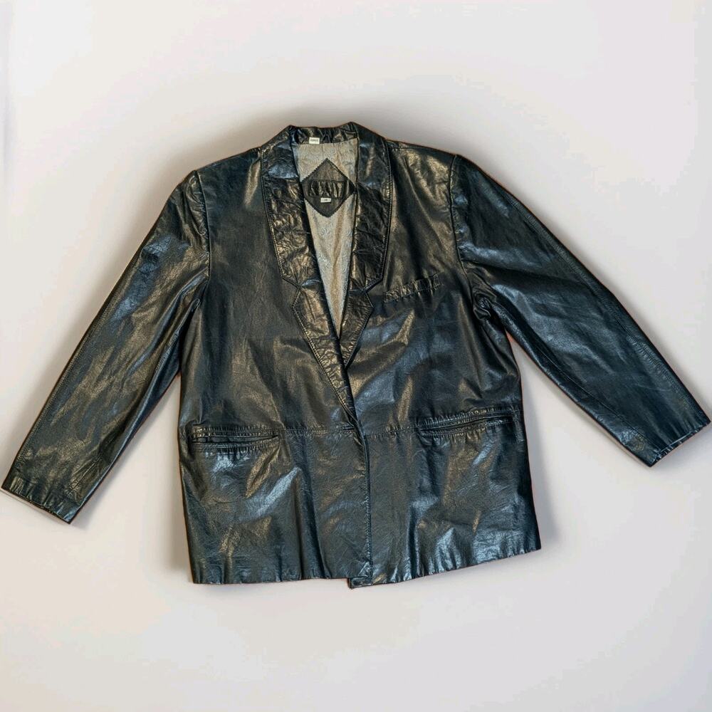 Vintage Black Leather Blazer Jacket Women’s Size 14 Open Front Paisley Lined 80s